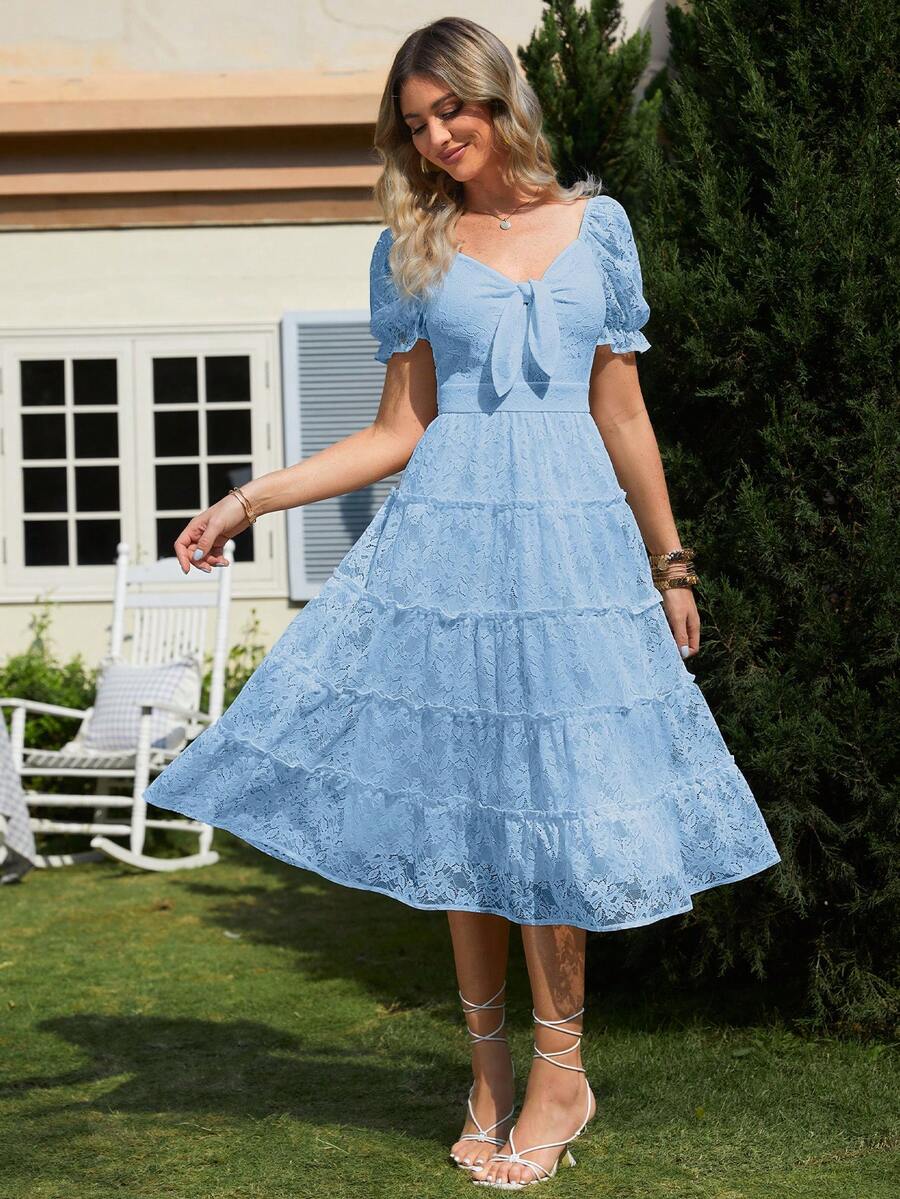 Simplee Women's New Summer Sweetheart Neck Twisted Bust Lace Dress, Elegant For Vacation, Music Festival, Wedding Guest - Blue - View 1