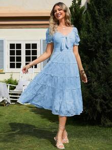 Simplee Women's New Summer Sweetheart Neck Twisted Bust Lace Dress, Elegant For Vacation, Music Festival, Wedding Guest - Blue - View 5