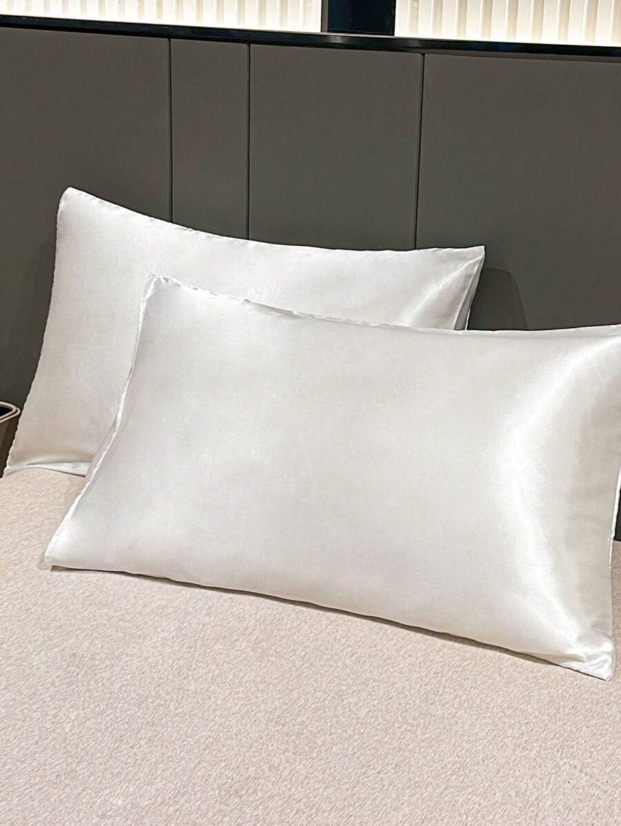 2pcs Polyester Satin Pillowcase Set - Solid Color Pillowcases Good For Hair And Skin, With Envelope Closure, No Pillow Insert, Suitable For Bedroom, Guest Room, Dorm (Boys/Girls), Travel - White - View 1