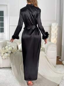 Áo choàng Nữ Thắt lưng Tương phản lông thú giả màu trơn - màu đen - Xem 2