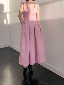 DAZY Chất rắn Chi tiết xếp nếp Đầm - Màu Hồng baby - Xem 1