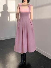 DAZY Chất rắn Chi tiết xếp nếp Đầm - Màu Hồng baby - Xem 4