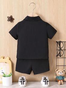 SHEIN Baby Boy Solid Pocket Patched Shirt & Shorts Without Tee - Black - View 2