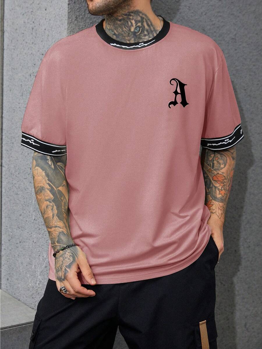 Manfinity EMRG Men Plus Letter Graphic Contrast Trim Tee - Dusty Pink - View 1