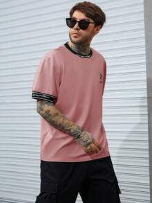 Manfinity EMRG Men Plus Letter Graphic Contrast Trim Tee - Dusty Pink - View 4