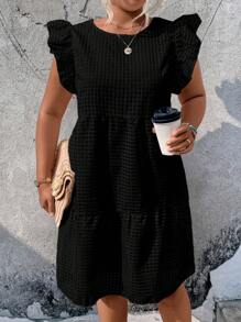 SHEIN LUNE Plus Ruffle Trim Smock Dress - Black - View 1