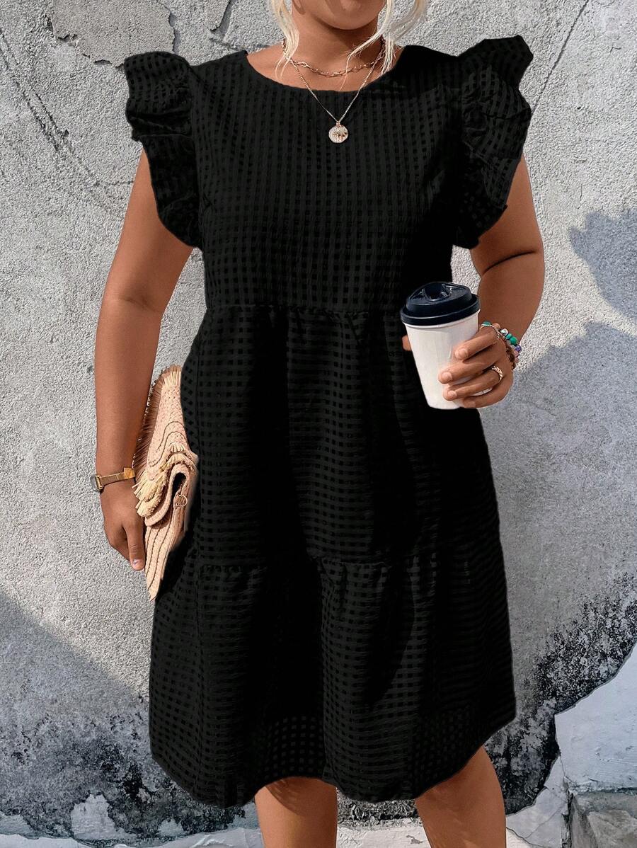 SHEIN LUNE Plus Ruffle Trim Smock Dress - Black - View 1