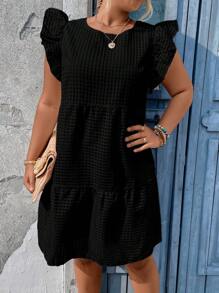 SHEIN LUNE Plus Ruffle Trim Smock Dress - Black - View 4