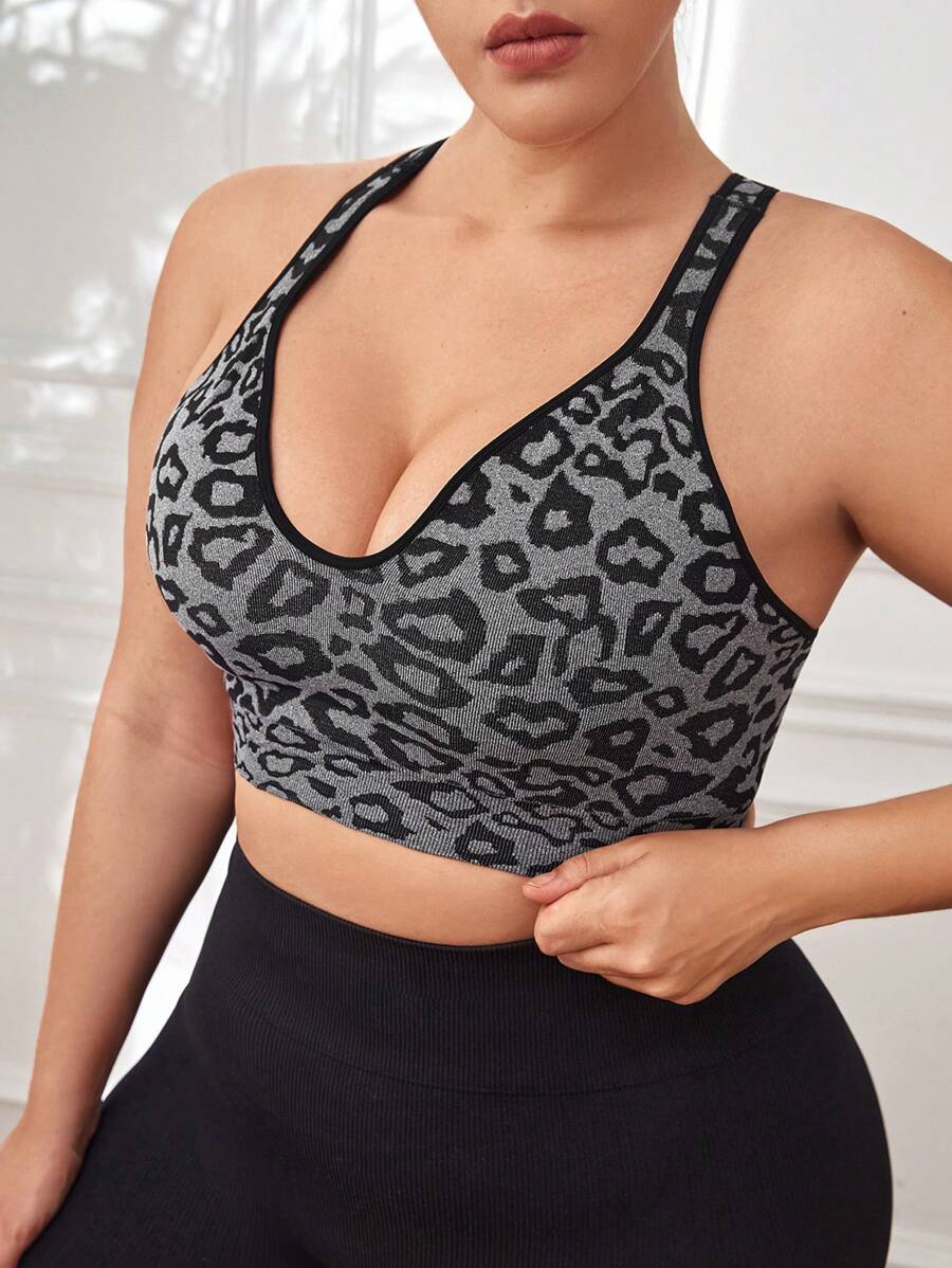 SHEIN Sport Studio Plus Leopard Print Contrast Binding Sports Bra