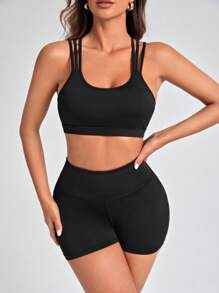 Gameset SHEIN Sport Strappy Back Solid Sports Set - Black - View 2
