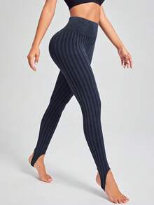 Easithlete Leggings deportivos con estampado de rayas control de barriga estribo - Azul Marino - Ver 2