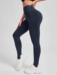 Easithlete Leggings deportivos con estampado de rayas control de barriga estribo - Azul Marino - Ver 6
