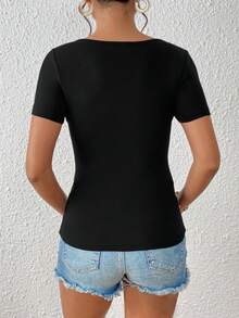 SHEIN Privé 素色胸部褶皺T恤 - 黑色 - 查看 2