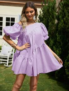 Simplee Đầm viền lá sen Xù Viên lá sen màu trơn Dễ thương - Màu tím - Xem 5