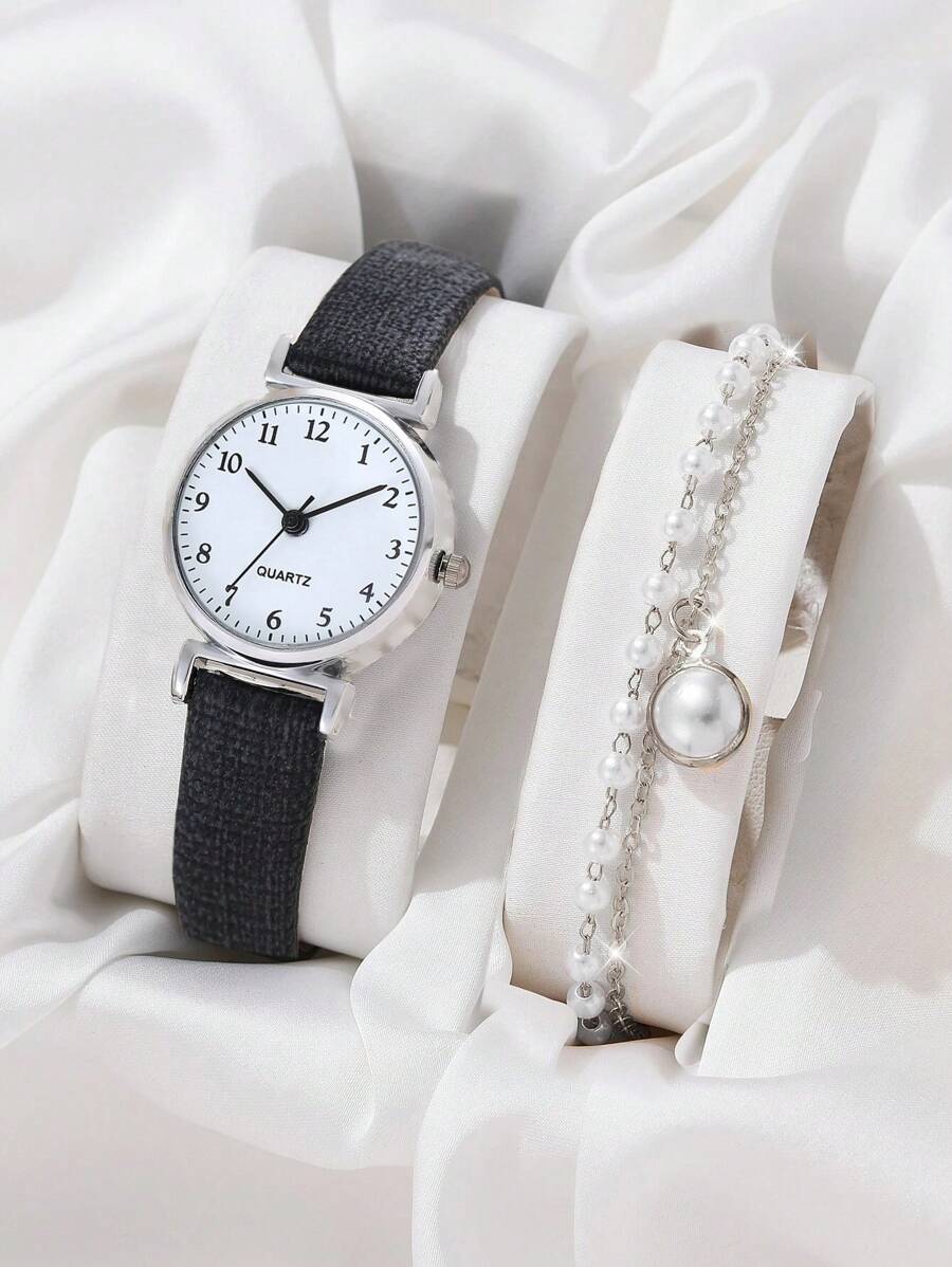 1pc Minimalist Round Pointer Quartz Watch & 1pc Bracelet - Black - View 1