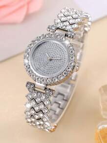 1入組女士銀水鑽裝飾鋁合金帶魅力四射圓形錶盤石英表和5入組首飾類適用於日常生活 - 銀色 - 查看 3