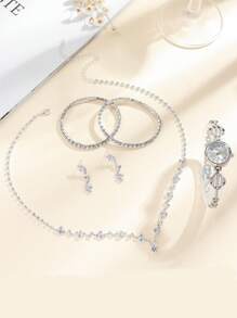 1入組水鑽裝飾石英表和5入組首飾套裝 - 銀色 - 查看 2