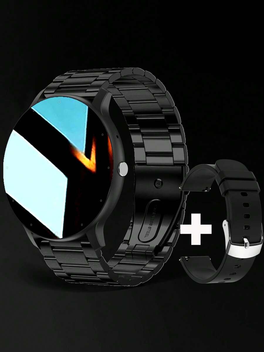 1入組黑色不銹鋼帶休閒心率檢測睡眠跟蹤卡路里計數器圓形錶盤智能手錶,與 iOS 兼容安卓 - 黑色 - 查看 1