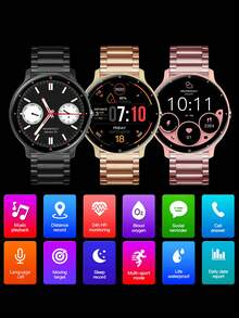 1入組黑色不銹鋼帶休閒心率檢測睡眠跟蹤卡路里計數器圓形錶盤智能手錶,與 iOS 兼容安卓 - 黑色 - 查看 3