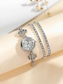 1入組水鑽裝飾石英表和5入組首飾套裝 - 銀色 - 查看 5