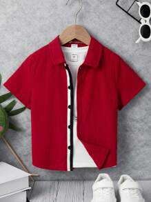 SHEIN Chàng trai trẻ Băng tương phản Nút phía trước Áo sơ mi Without Tee - Màu Đỏ Sâu - Xem 1