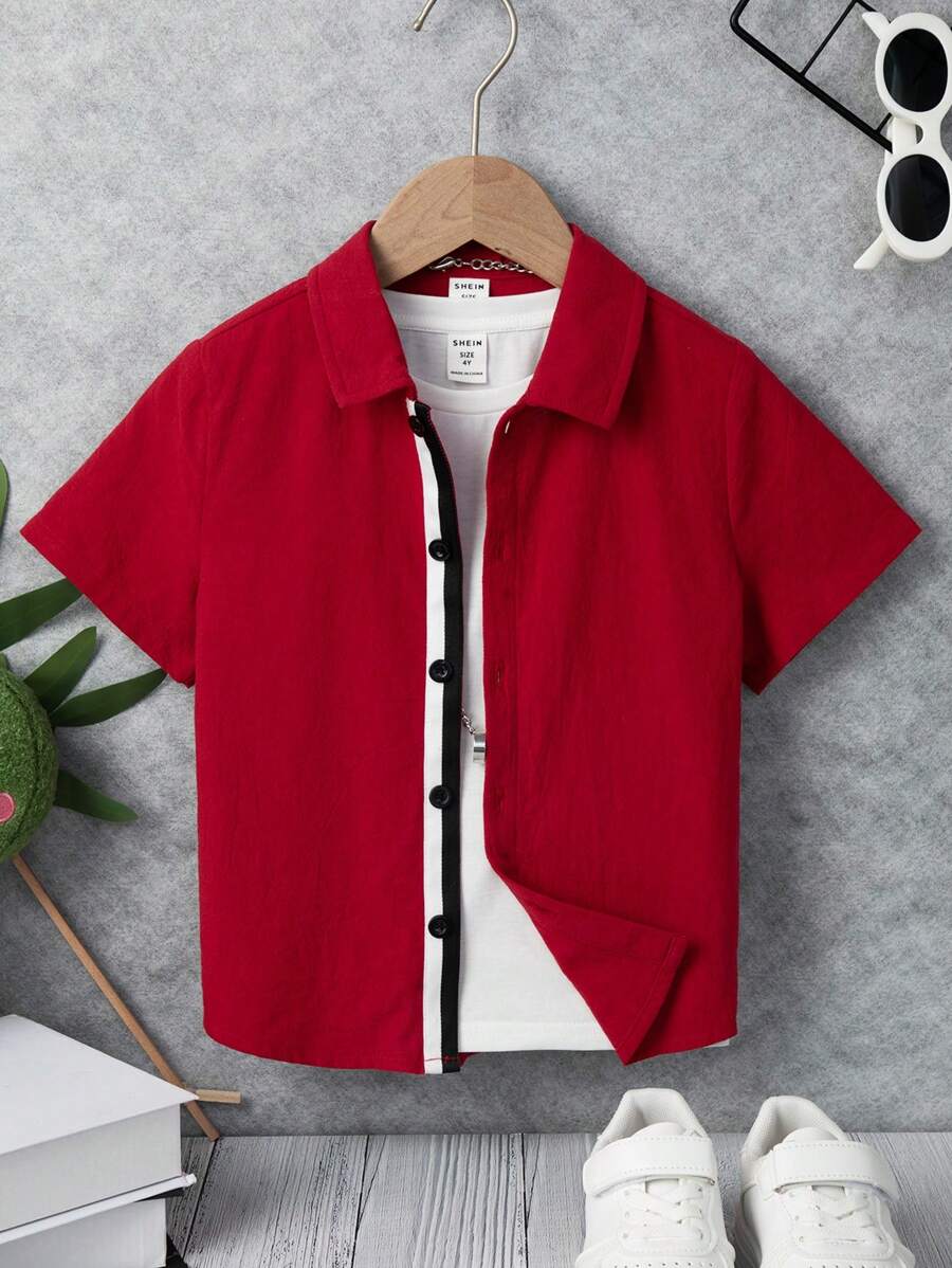 SHEIN Chàng trai trẻ Băng tương phản Nút phía trước Áo sơ mi Without Tee - Màu Đỏ Sâu - Xem 1