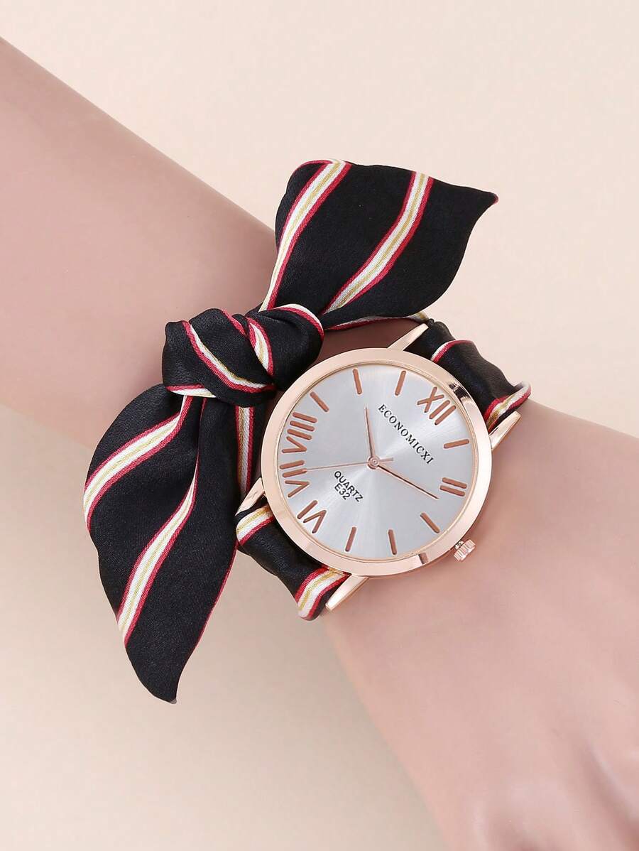 ECONOMICXI Đồng hồ đeo tay thạch anh hình tròn có dây đeo sọc - Hoa hồng vàng - Xem 1