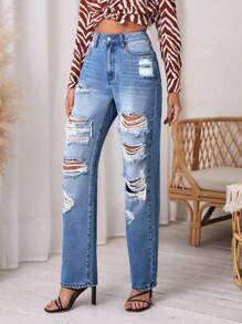 SHEIN EZwear Jeans de pierna recta con bolsillo oblicuo desgarro - Azul lavado medio - Ver 6