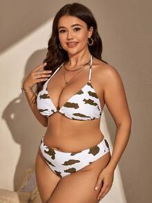 大尺碼牛隻印花掛脖三角比基尼套裝沙灘裙夏季海灘 - 白色 - 查看 4