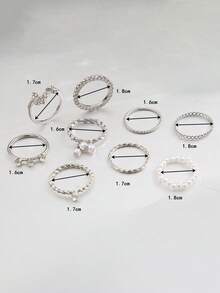 9入組時尚鋅合金鑲鑽蝴蝶＆人造珍珠裝飾戒指,適用於女性約會和假日禮物 - 銀色 - 查看 3