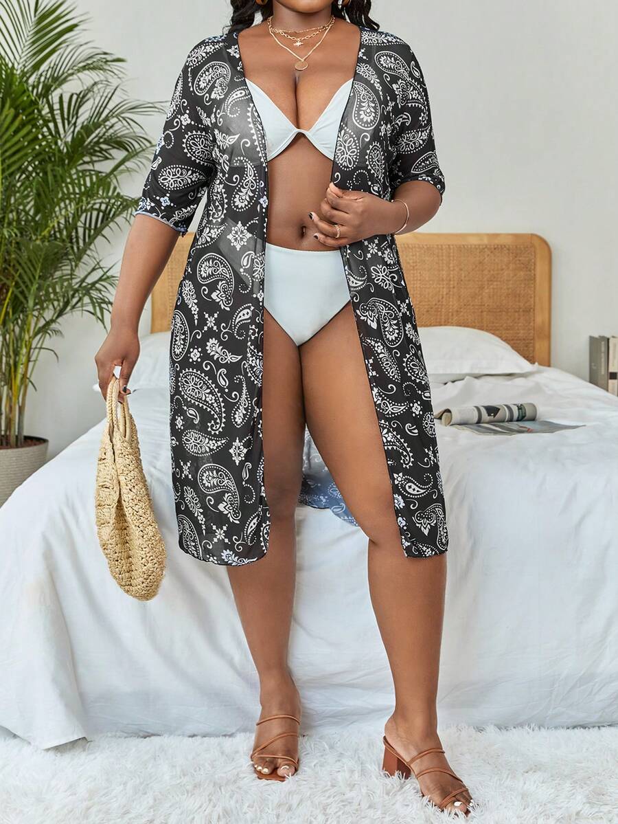 Plus Paisley Print Kimono - Black and White - View 1