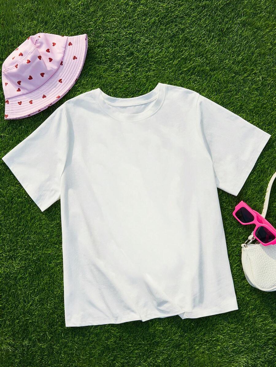 SHEIN EZwear 大碼素色圓領T恤 - 白色 - 查看 1