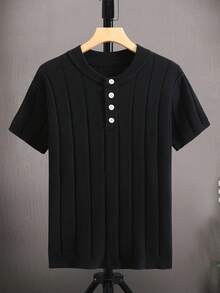 Manfinity Homme Men Quarter Button Ribbed Knit Top - Black - View 3