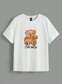 SHEIN EZwear Bear And Letter Graphic Tee - White - View 1