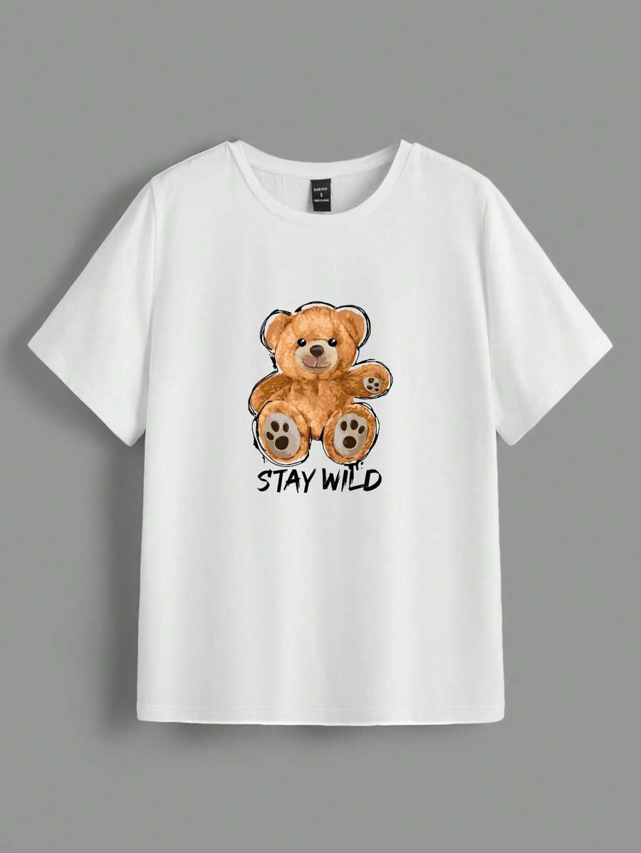 SHEIN EZwear Bear And Letter Graphic Tee - White - View 1