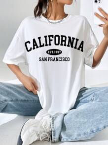 SHEIN EZwear Áo phông Quá khổ Đồ họa Chữ cái Thả vai - trắng - Xem 1