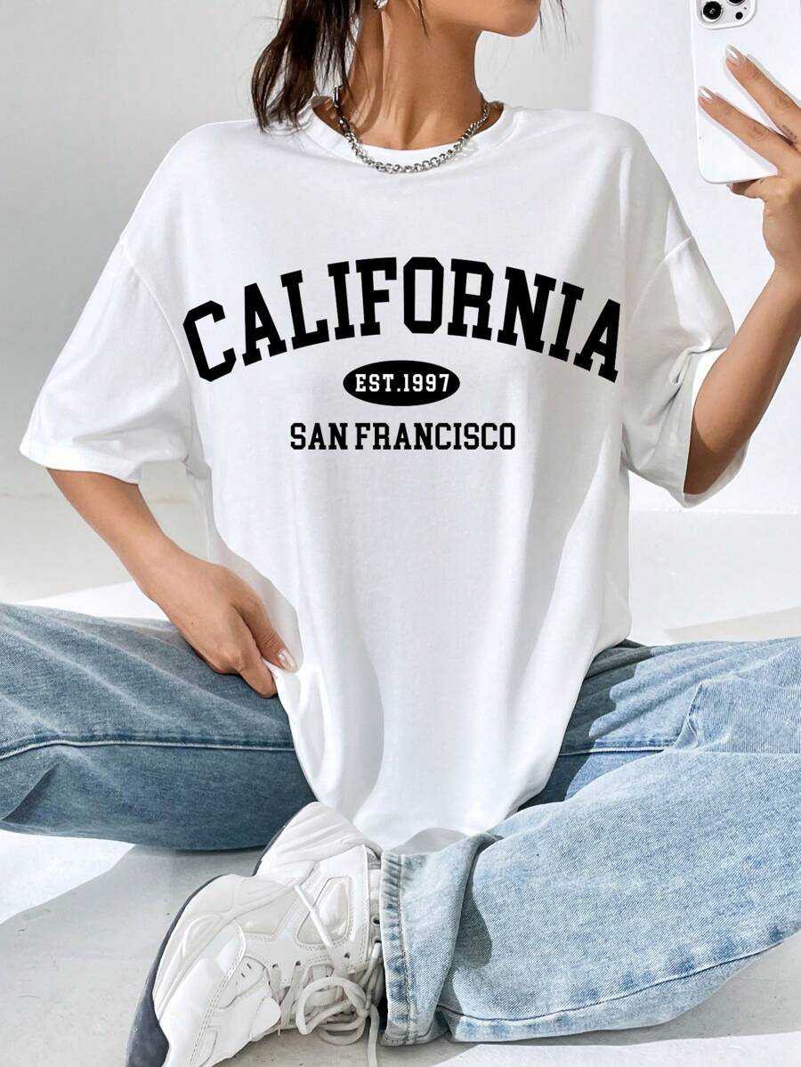 SHEIN EZwear Áo phông Quá khổ Đồ họa Chữ cái Thả vai - trắng - Xem 1