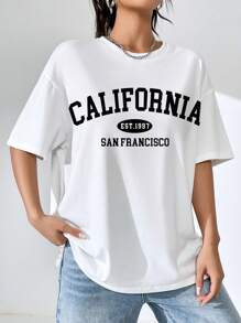 SHEIN EZwear Áo phông Quá khổ Đồ họa Chữ cái Thả vai - trắng - Xem 8