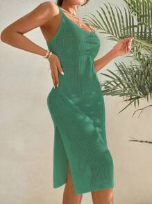 Vestido cover up unicolor de muslo con abertura - Verde - Ver 4
