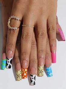 Upgrade Your Look With 24pcs Extra Long Square Flower Cow & Plaid Pattern Full Cover Fake Nail Set - Multicolor - View 1