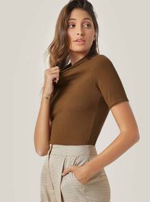 SHEIN BASICS Camiseta tejida de canalé unicolor de cuello alto - Marrón - Ver 4