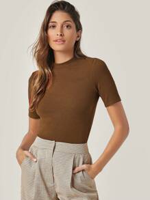 SHEIN BASICS Camiseta tejida de canalé unicolor de cuello alto - Marrón - Ver 6