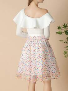 女士休闲及膝半身裙，饰以俏皮多彩的波点图案，适合嘉年华和节日穿着 - 白色 - 查看 2