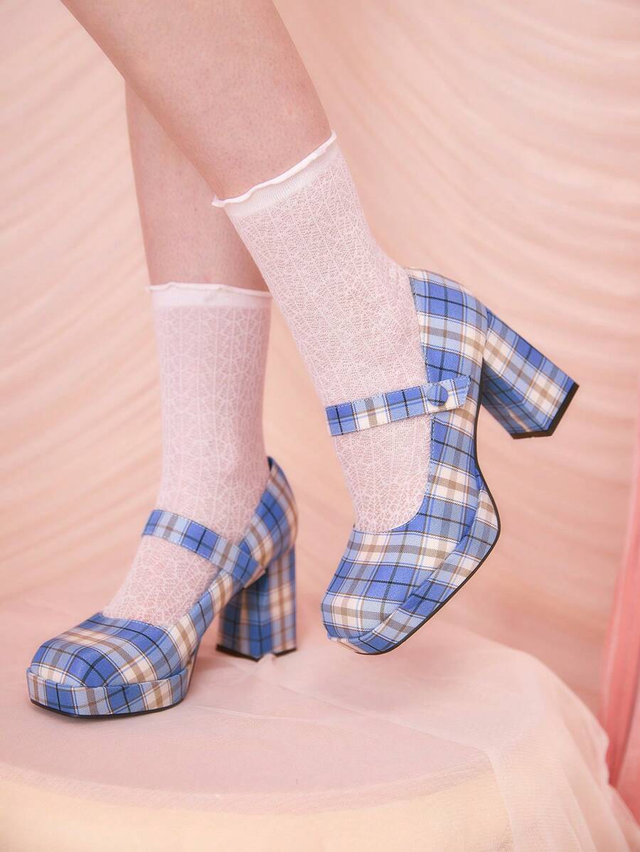SheIn MOD Giày cao gót Mary Jane thời trang cho nữ, Giày cao gót mũi nhọn họa tiết kẻ sọc vuông - Nhiều màu - Xem 1
