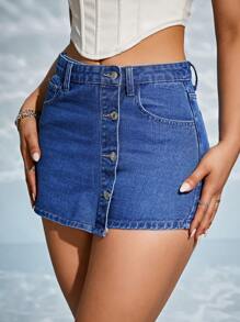 SHEIN Essnce 斜口袋前紐扣裙裤 - 深色水洗藍 - 查看 1