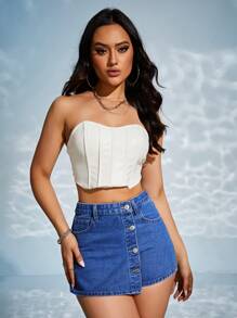 SHEIN Essnce 斜口袋前紐扣裙裤 - 深色水洗藍 - 查看 3