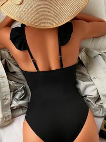 Ruffle Trim One Piece Swimsuit - Black - View 2