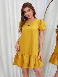 SHEIN VCAY Puff Sleeve Ruffle Hem Smock Dress - Yellow - View 4