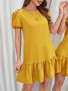 SHEIN VCAY Puff Sleeve Ruffle Hem Smock Dress - Yellow - View 5