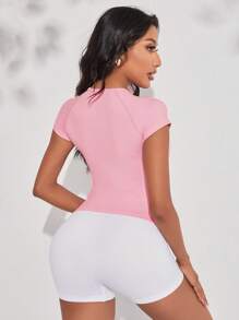 Solid Raglan Sleeve Sports Tee Gym Top - Baby Pink - View 2